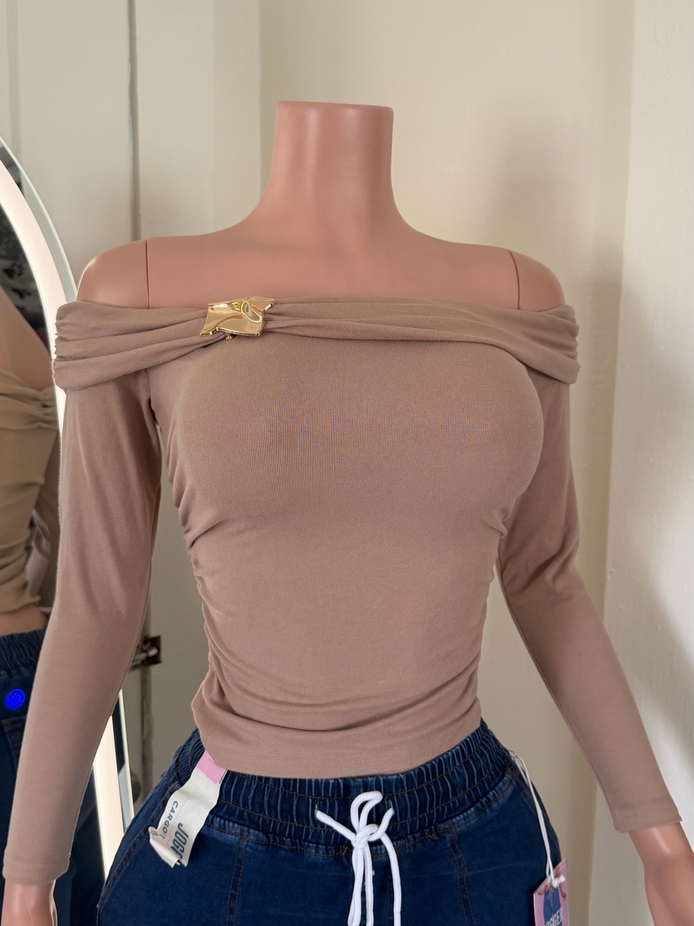 Off-Shoulder Long Sleeve Women's Top in Taupe